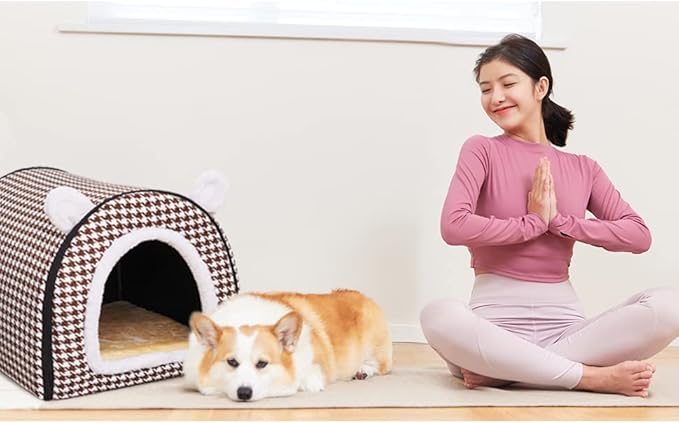 Cat Bed or Dog Bed,2 Ways to Use,Indoor Pet House with Fluffy Mat,Removable and Washable Cover,Non-Slip Bottom,for Cats and Small Dogs(S Brown Cranes)