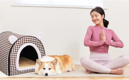 Cat Bed or Dog Bed,2 Ways to Use,Indoor Pet House with Fluffy Mat,Removable and Washable Cover,Non-Slip Bottom,for Cats and Small Dogs(S Brown Cranes)