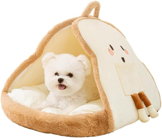 Portable Pet Cave for Puppy Kitten Cute Toast Design for Small Pets Cosy Cuddler (L: up to 11lbs)