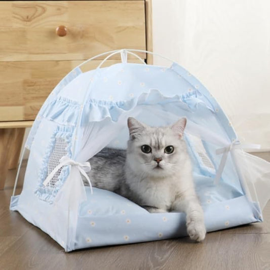 Cat Bed Tents Dog House Indoor Outdoor Lace Mesh Breathable Windows Door Curtains Removable Portable Nest Teepe House (Medium,Blue)