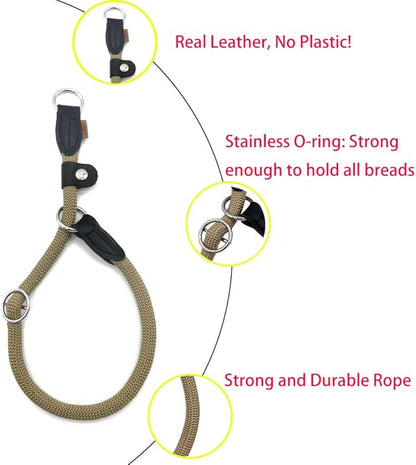 Braided Rope Collar, Training Dog Collar, Round Martingale Collar, Slip Collar with Adjustable Stopper and Slidable Stop Ring - Ideal for Extra Large Dogs (XL(1/2") - 24" Long, Khaki)
