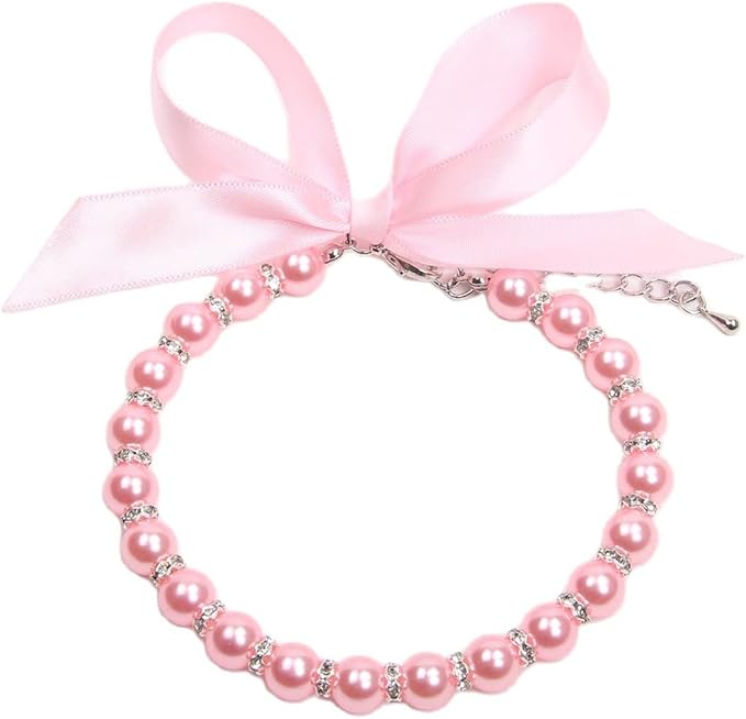 Dog Cat Pearls Necklace Collar with Bling Accessories and Ribbon Bow Pet Puppy Jewelry for Female Dogs Cats Small Medium (S, Pink)