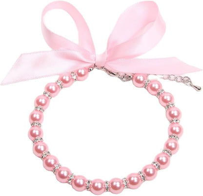 Dog Cat Pearls Necklace Collar with Bling Accessories and Ribbon Bow Pet Puppy Jewelry for Female Dogs Cats Small Medium (S, Pink)