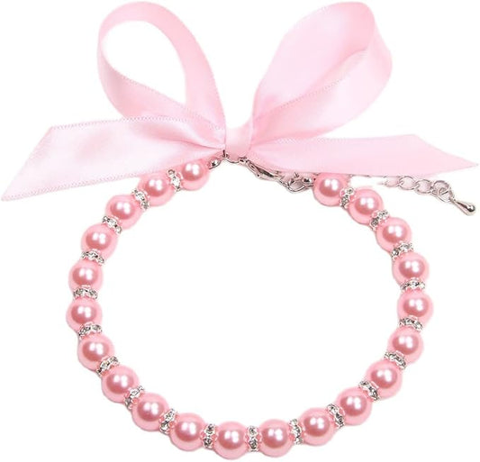 Dog Cat Pearls Necklace Collar with Bling Accessories and Ribbon Bow Pet Puppy Jewelry for Female Dogs Cats Small Medium (S, Pink)