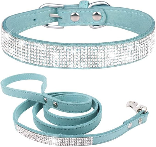 Bling Small Dog Collar Leash Set, Puppy Collar with Rhinestone Crystal Diamond Glitter Female Girls Cat Collars for XXS XS Small Medium Large Dogs Chihuahua Poodle Yorkshire (Light Blue L)