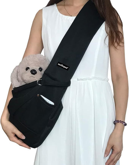 Leconpet Dog Sling Carrier Shoulder Bag for Pets with Mobile Phone Pocket Safety Buckle Security Lock, Suitable for Puppy, Small Dogs, and Cats for Outdoor Travel (Black)