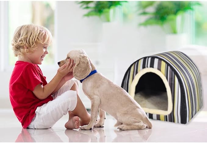 Dog Bed or Cat Bed,2 Ways to Use,Indoor Pet House with Fluffy Mat,Removable and Washable Cover,Splash-Proof House and Non-Slip Bottom,for Medium Dogs and Cats(L Vertical Stripes)