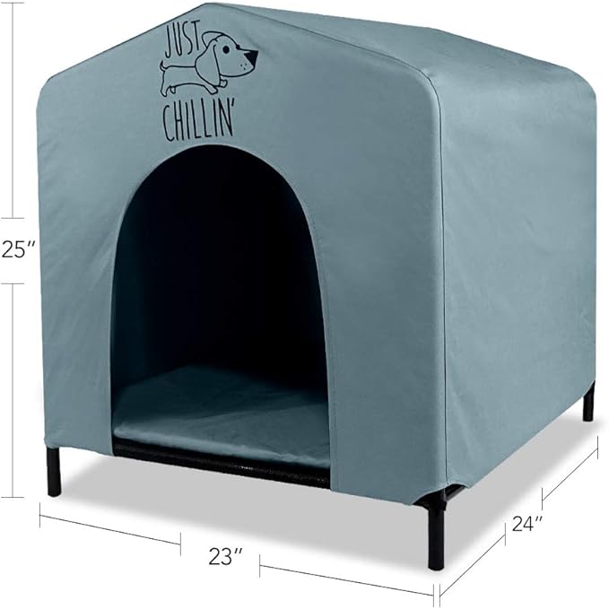 Floppy Dawg Just Chillin’ Portable Dog House. Elevated Pet Shelter for Indoor and Outdoor Use. Made of Water Resistant Breathable Oxford Fabric. Easy to Assemble and Lightweight. 24"L x 23"W x 25"H