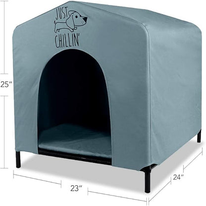 Floppy Dawg Just Chillin’ Portable Dog House. Elevated Pet Shelter for Indoor and Outdoor Use. Made of Water Resistant Breathable Oxford Fabric. Easy to Assemble and Lightweight. 24"L x 23"W x 25"H