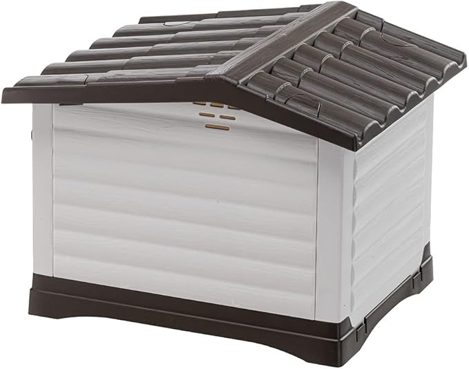 Ferplast Dog Villa XS Dog House for Extra Small Dog Breeds, Measures 23Lx17Wx18H Inches, Ventilated with Patented Fold-Out Porch, Cream with Dark Brown Bottom, Part # 87252799US1