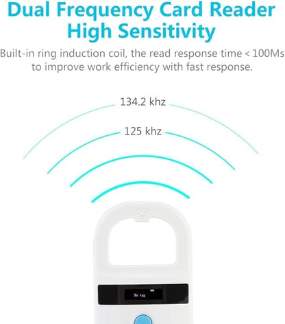 Microchip Reader, Rechargeable Pet RFID EMID Micro Chip Reader Scanner 134.2kHz 125kHz 15 Digits Supports FDXB (ISO11784 / 11785) for Dogs Cats Pigs Animal (White)