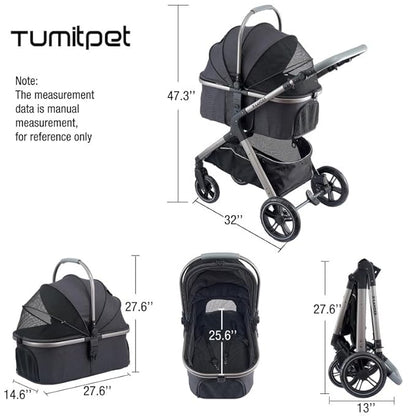 Pet Stroller for Small Medium Dogs, Cat Stroller Travel System Four Wheel Dog Stroller with Carrier, Zipperless Entry/Cup Holder/Storage Basket