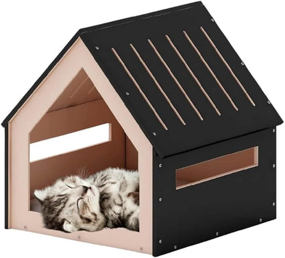 Medium House for Pets, Wooden House for Pets for Interiors, Resistant Wood with Cushion for Dog Included, Minimalist, Elegant and Resistant, 18x18x18 in, Black