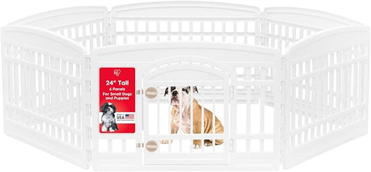 IRIS USA 24" 6-Panel Dog Playpen with Door, 61 x 61 x 24, Puppy Playpen, Dog Play Pen Indoors, Pet Fence, Small/Medium Pets, White