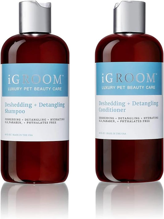 iGroom Dog Shampoo + Dog Conditioner Groomers Bundle - Deshedding & Detangling Shampoo and Conditioner, Luxury Pet Beauty Care, Loosen Tangles + Unwanted Undercoat, Adds Shine + Volume, 16 oz