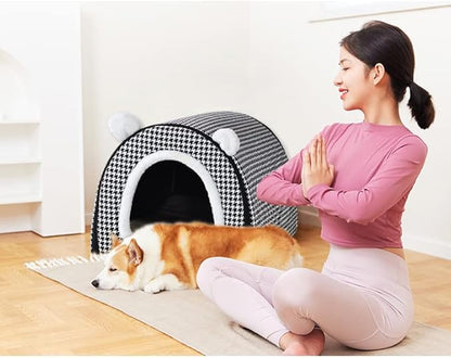 Dog Bed,2 Ways to Use,Indoor Pet House with Fluffy Mat,Removable and Washable Cover,Non-Slip Bottom,for Large Dogs(2XL Black Cranes)