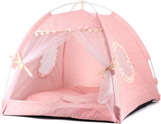 pawstrip Dog Tent Indoor Cat House Pink Puppy Bed Portable Pet Teepe Princess Dog Camping Tent Outdoor Kitten Houses Cute Bunny Nest Girl Kitty Cave (M, Light Pink)