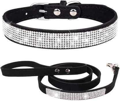 Bling Small Dog Collar Leash Set, Puppy Collar with Rhinestone Crystal Diamond Glitter Female Girls Cat Collars for XXS XS Small Medium Large Dogs Chihuahua Poodle Yorkshire (Black XL)