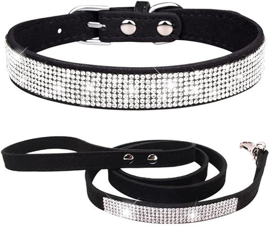 Bling Small Dog Collar Leash Set, Puppy Collar with Rhinestone Crystal Diamond Glitter Female Girls Cat Collars for XXS XS Small Medium Large Dogs Chihuahua Poodle Yorkshire (Black XXL)