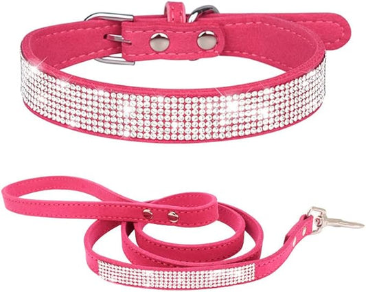 Bling Small Dog Collar Leash Set, Puppy Collar with Rhinestone Crystal Diamond Glitter Female Girls Cat Collars for XXS XS Small Medium Large Dogs Chihuahua Poodle Yorkshire (Rose S)