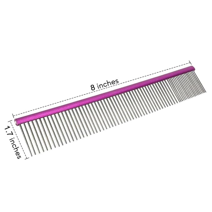Pet Comb 8 inches Comfortable Grooming Comb with Different-Spaced Rounded Stainless Steel Teeth, Easy Grip and Convenient Grooming for Pets Dog Cat with Medium Coarse Fur - Purple