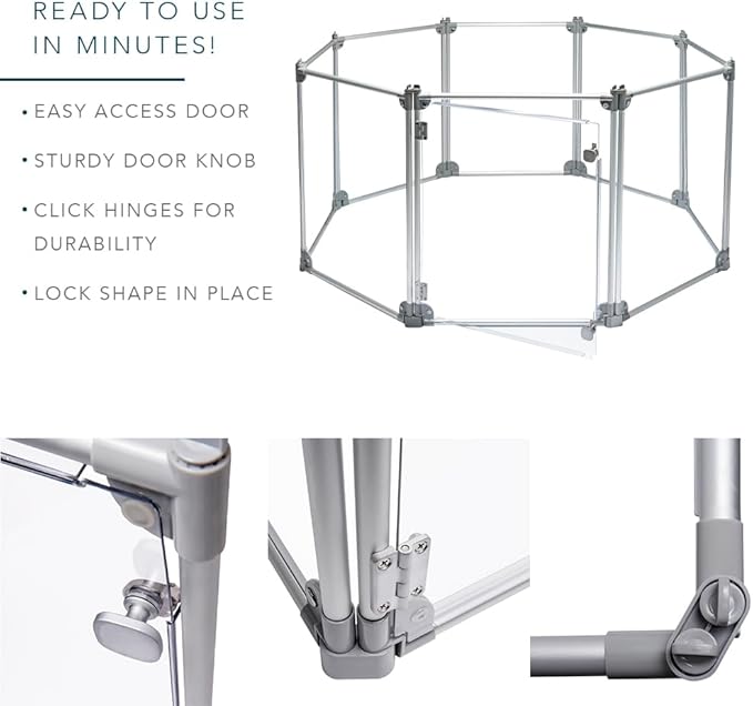 Front Row Foldable Dog Playpen – Durable and Portable Puppy Playpen for Exercise, Rest & Play – Clear Fence Panels with Aluminum Rods and Crate for Dogs and Other Small Pets (Silver, 8-Panel)