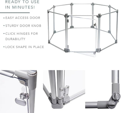Front Row Foldable Dog Playpen – Durable and Portable Puppy Playpen for Exercise, Rest & Play – Clear Fence Panels with Aluminum Rods and Crate for Dogs and Other Small Pets (Silver, 8-Panel)