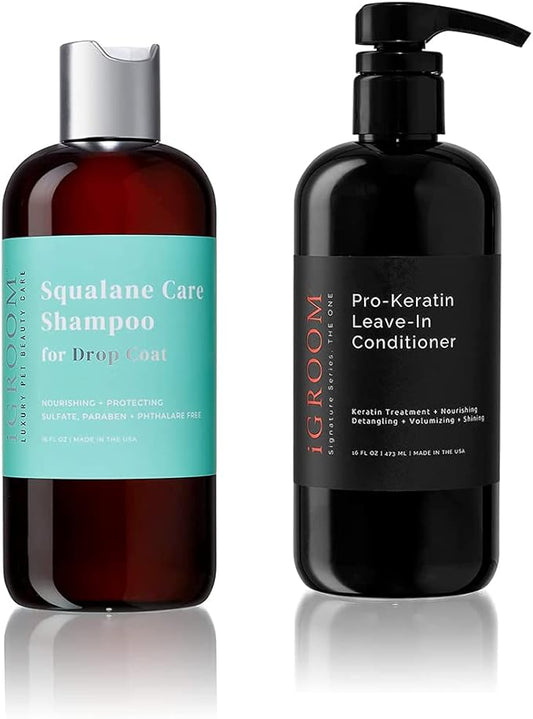 iGroom Dog Shampoo + Dog Conditioner Groomers Bundle - Squalane Care Dog Shampoo for Dropcoats, Strong and Healthy Hair, 16 oz - Pro-Keratin Leave-in Dog Conditioner, Excellent Detangling, 16 oz