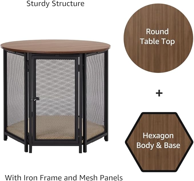beeNbkks Hexagon Dog Crate Furniture for Small Dogs with Removable Cushion, Walnut Finish Pet Furniture, Stylish Functional Dog Crate End Table, Removable Washable Cushion Cover, Ideal for Home Décor