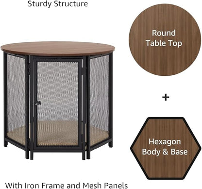 beeNbkks Hexagon Dog Crate Furniture for Small Dogs with Removable Cushion, Walnut Finish Pet Furniture, Stylish Functional Dog Crate End Table, Removable Washable Cushion Cover, Ideal for Home Décor