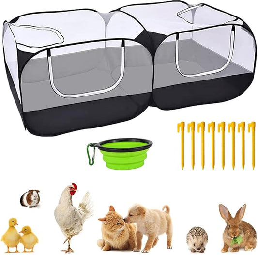 Small Animal Pet Playpen with Feeder Bowl and Storage Bag,Portable & Breathable Chicken Coop for Puppy Kitten Rabbits Indoor Outdoor(Black)
