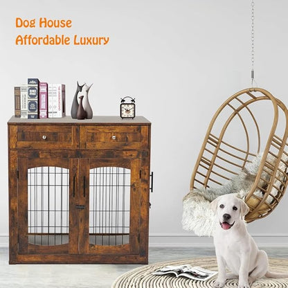 Dog Crate Furniture with Storage Drawers,39.4" Wooden Dog Crate Table with 2 Drawers,Indoor Dog Kennel with Cushion,Dog House,Dog Cage,Side End Table Crate,Rustic brown