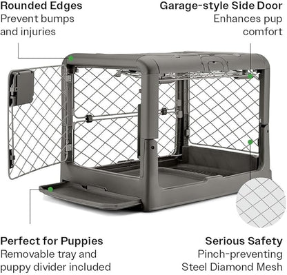 DIGGS Revol Collapsible Dog Crate with Wheels - Premium Portable Dog Crate - Safe, Stylish, and Convenient Indoor Kennel (Smoke, Small)