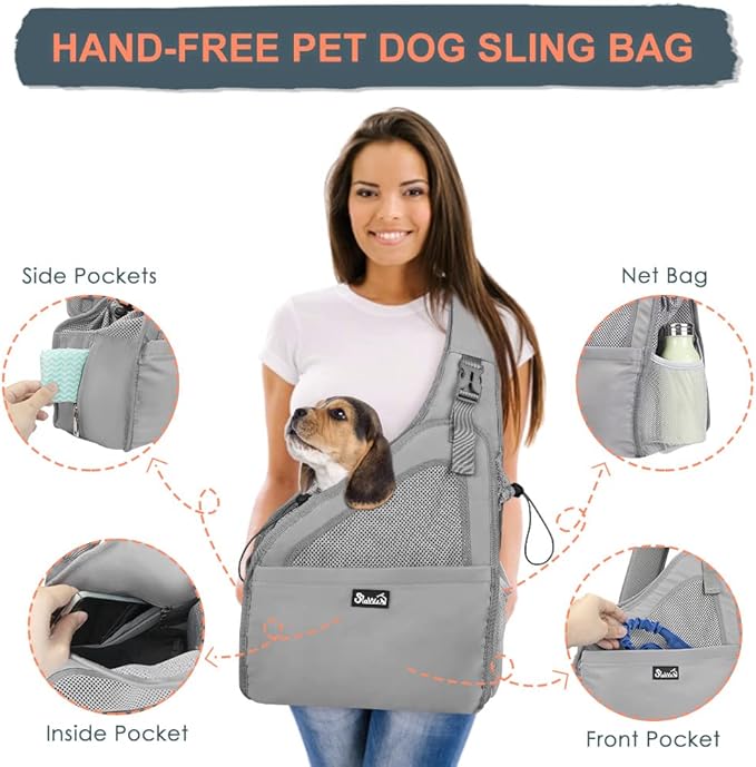 Lukovee Dog Slings for Small Dogs, Hard Bottom Support & Adjustable Soft Padded Shoudler Strap Dog Sling Carrier, Dog Purse with Button Closure & Zipper Pockets (for Pets 6-12 lbs, Grey)