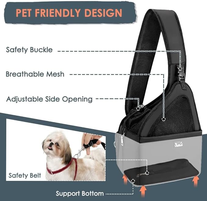 Lukovee Dog Slings for Small Dogs, Hard Bottom Support & Adjustable Soft Padded Shoudler Strap Dog Sling Carrier, Dog Purse with Button Closure & Zipper Pockets (for Pets 6-12 lbs, Black)