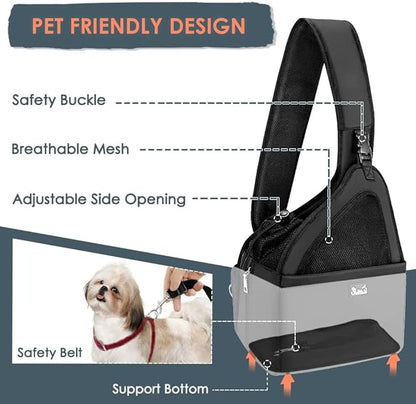 Lukovee Dog Slings for Small Dogs, Hard Bottom Support & Adjustable Soft Padded Shoudler Strap Dog Sling Carrier, Dog Purse with Button Closure & Zipper Pockets (for Pets 6-12 lbs, Black)