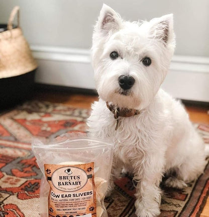 BRUTUS & BARNABY Cow Ears for Dogs; Ear Slivers are Great for Puppy Teething, Single Ingredient Beef Ear Slivers for Small to Medium Size Dogs (100grams)