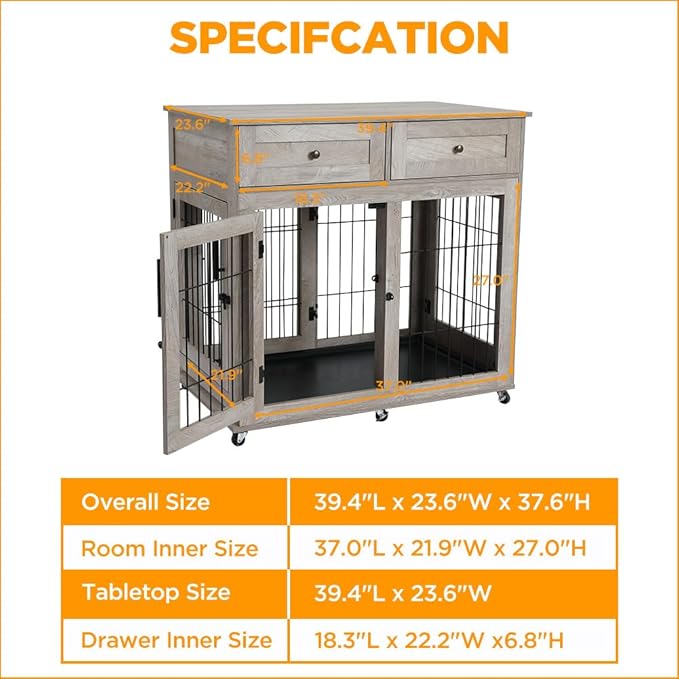 Dog Crate Furniture, Wooden Dog Kennel with Room Divider and Tray, Double Rooms Dog Cage, Wooden Dog Crate Table with 2 Drawers End Table