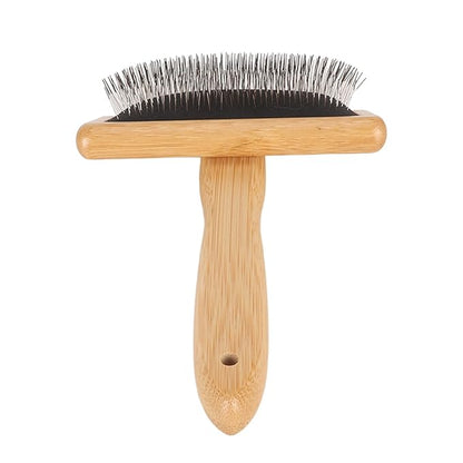 Macrame Slicker Comb with Hole Cushion Finely Polished Bamboo Cleaning Brush Sheepskin Wool Stainless Steel Pins Carding Rug Fur Brushes Long Prongs Pet (13.7x20.3x5.2cm