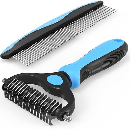 Pet Grooming Brush&Comb Combo, Pet Grooming Brush，Cat Comb Dog Comb for Shedding, 2-Piece Kit,Undercoat Comb for Dog Grooming (Blue)