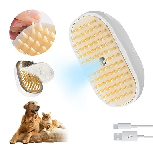 Soft 3-in-1 Silisone Spray Brush, Upgraded for Shedding, Cleaning and Spa Massage, Hair Removal, Best Water Steam Brush for indoor Long or Short Haired Cat and Dog (White, Round)