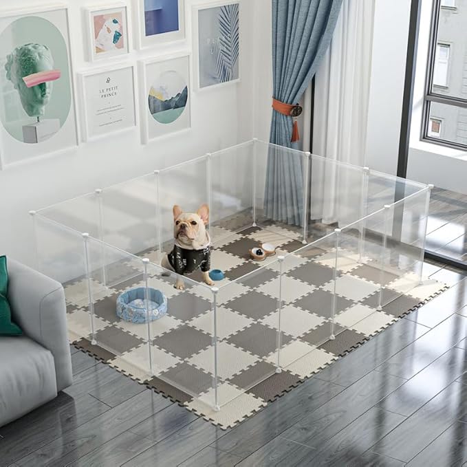 Pet Transparent Playpen Clear Pet Fence Indoor Outdoor Portable Plastic Yard Fence Tent for Small Animals Rabbits Puppy Kennel Cage (12 Panels)