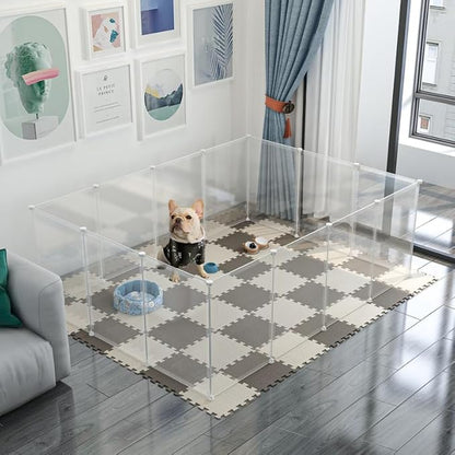 Pet Transparent Playpen Clear Pet Fence Indoor Outdoor Portable Plastic Yard Fence Tent for Small Animals Rabbits Puppy Kennel Cage (12 Panels)