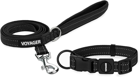 Voyager Reflective Dog Leash Collar Set with Neoprene Handle Supports Small, Medium, and Large Breed Puppies, Cute and Heavy Duty for Walking, Running, and Training - Black, S