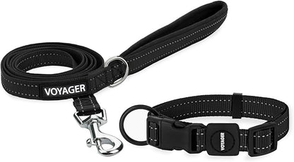 Voyager Reflective Dog Leash Collar Set with Neoprene Handle Supports Small, Medium, and Large Breed Puppies, Cute and Heavy Duty for Walking, Running, and Training - Black, M