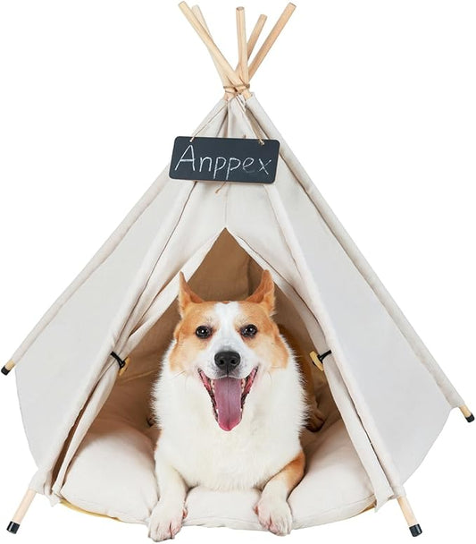 ANPPEX 28-Inch Dog Teepee Tent Indoor,L Size Pet Tent Bed for Medium and Small Dogs,Indoor Dog House with Thick Cushion,White
