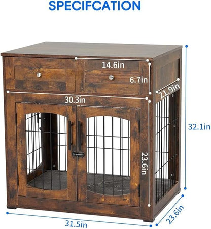 Dog Crate Furniture with Cushion,Wooden Dog Kennels Indoor with 2 Drawers,Dog Furniture Crate End Table with Storage