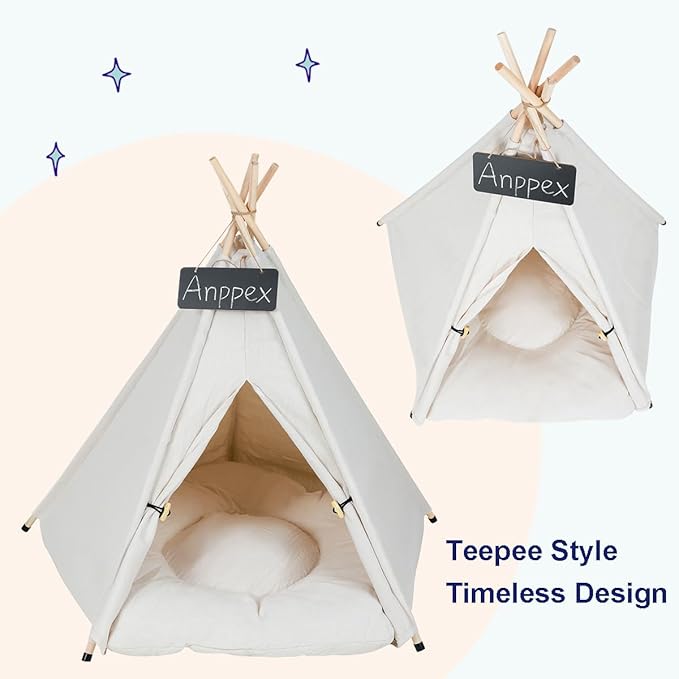 ANPPEX 24-Inch Dog Teepee Tent Indoor,M Size Pet Tent Bed for Small Dogs and Cats,Indoor Dog House with Thick Cushion,White