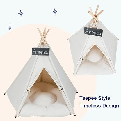 ANPPEX 28-Inch Dog Teepee Tent Indoor,L Size Pet Tent Bed for Medium and Small Dogs,Indoor Dog House with Thick Cushion,White