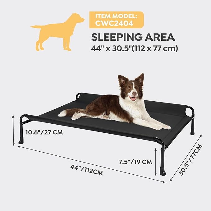 Veehoo Cooling Elevated Dog Bed, Raised Dog Beds for Large Dogs, Outdoor Dog Bed with Guardrail, Upgraded Non-Slip Feet, Breathable Teslin Mesh, Portable Camping Dog Cot, Large, Black, CWC2404